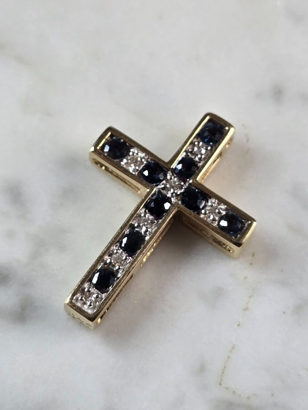 Womens 10K Gold Sapphire Ruby Diamond Reversible Cross Pendant 3.3g E5715